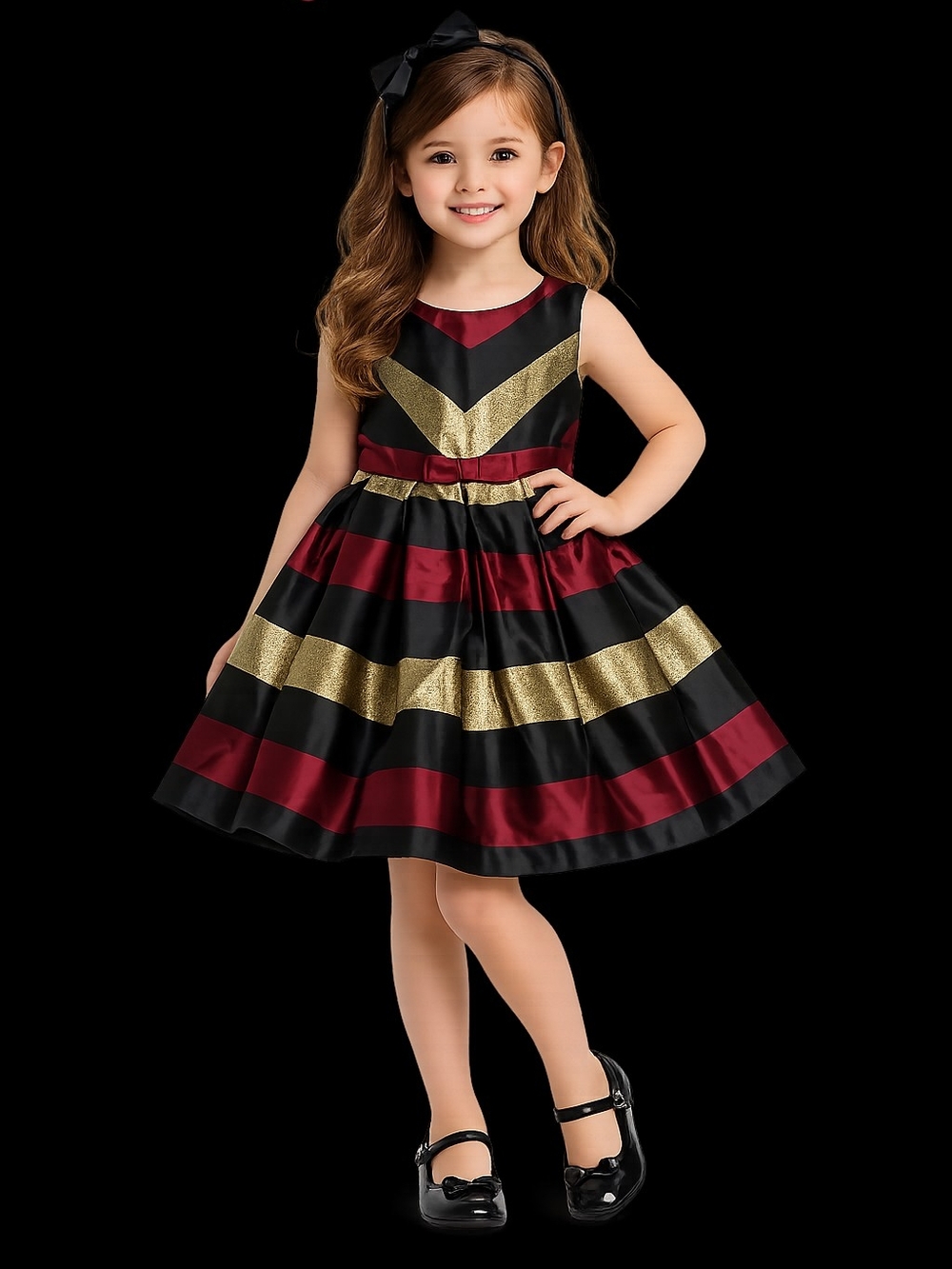 Bonnie Jean Black, Burgundy & Gold Chevron Striped Party Dress